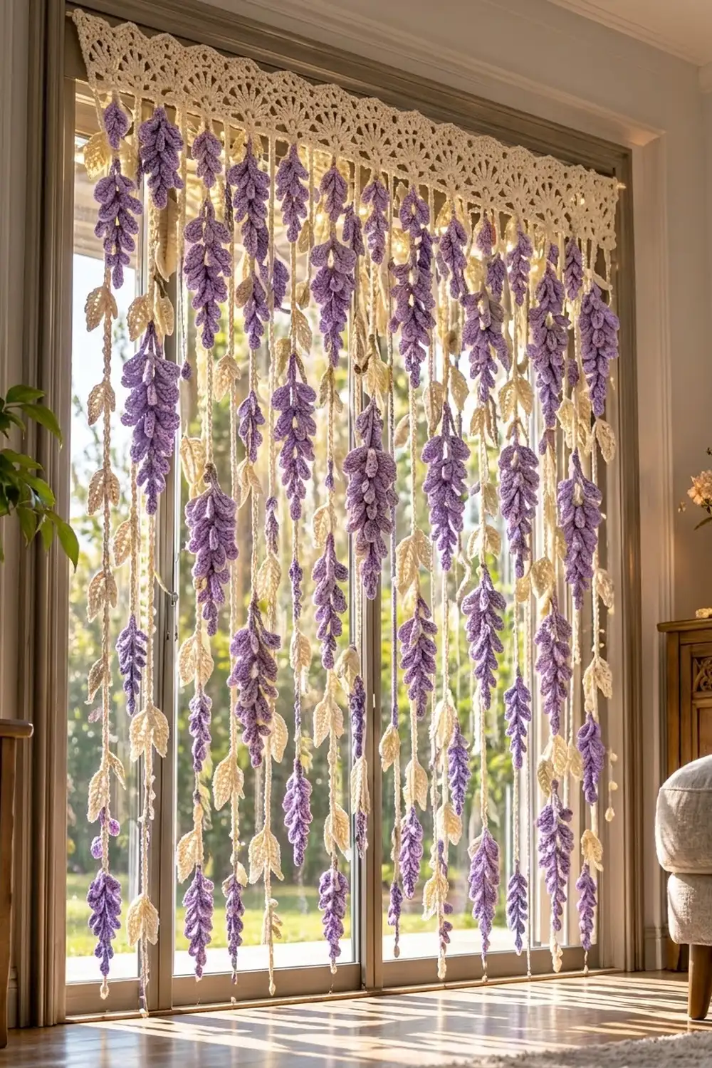 A beaded curtain of purple and cream wisteria flowers hangs elegantly across glass doors in a sunlit room.