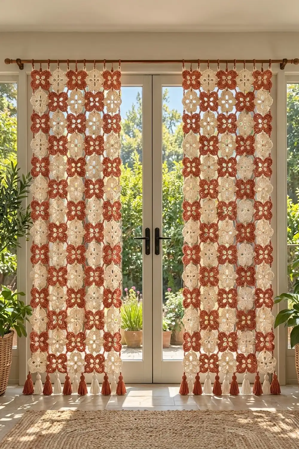 Pair of rust and cream floral patterned curtains with tassels hanging on bronze rod before glass doors.