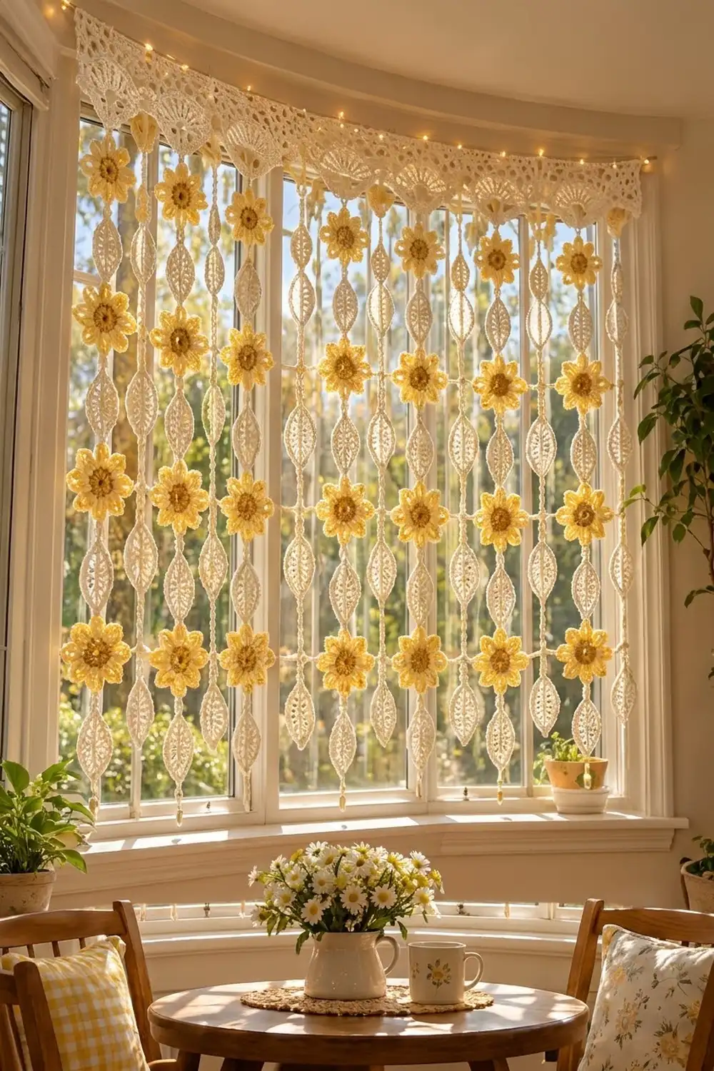 A crocheted window curtain with yellow sunflowers and cream leaf motifs hangs in a bright bay window above a round table.