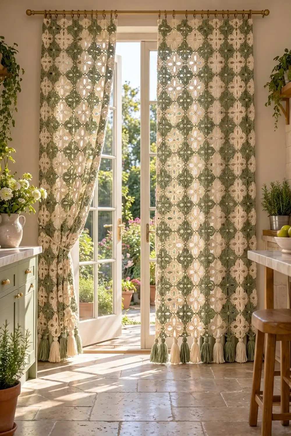 Patterned green and cream curtains with tassels hang from a brass rod framing French doors opening to a garden.