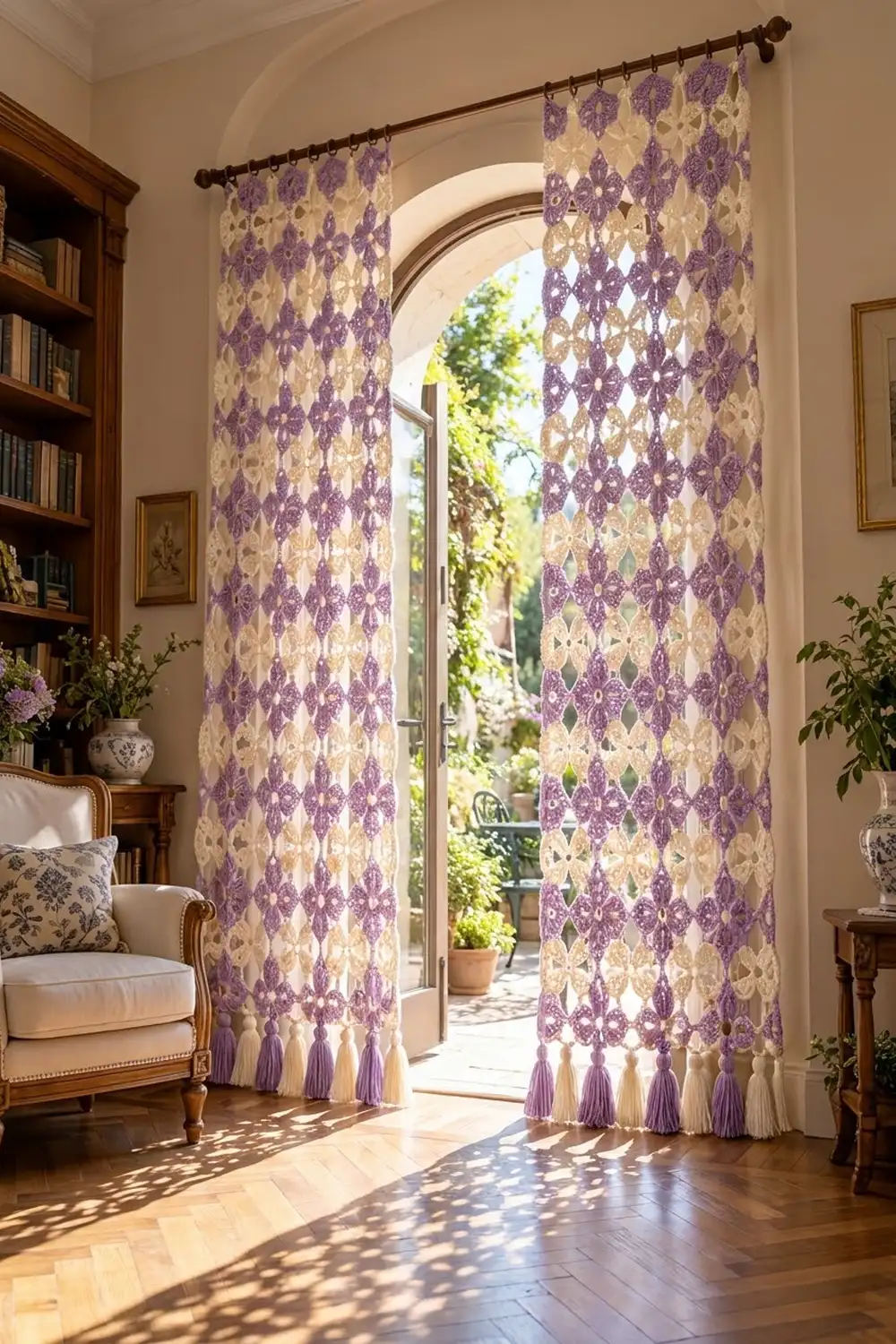 Purple and cream damask curtains with tassel fringe frame an arched doorway in an elegant cream room with wood furnishings.