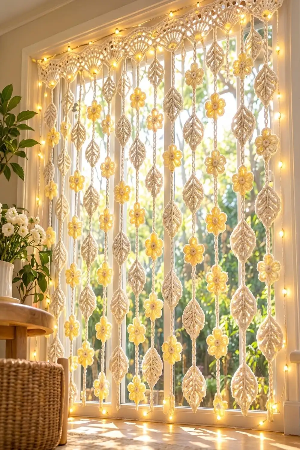 Macramé curtain with yellow flowers and leaf patterns hangs on window with warm string lights.