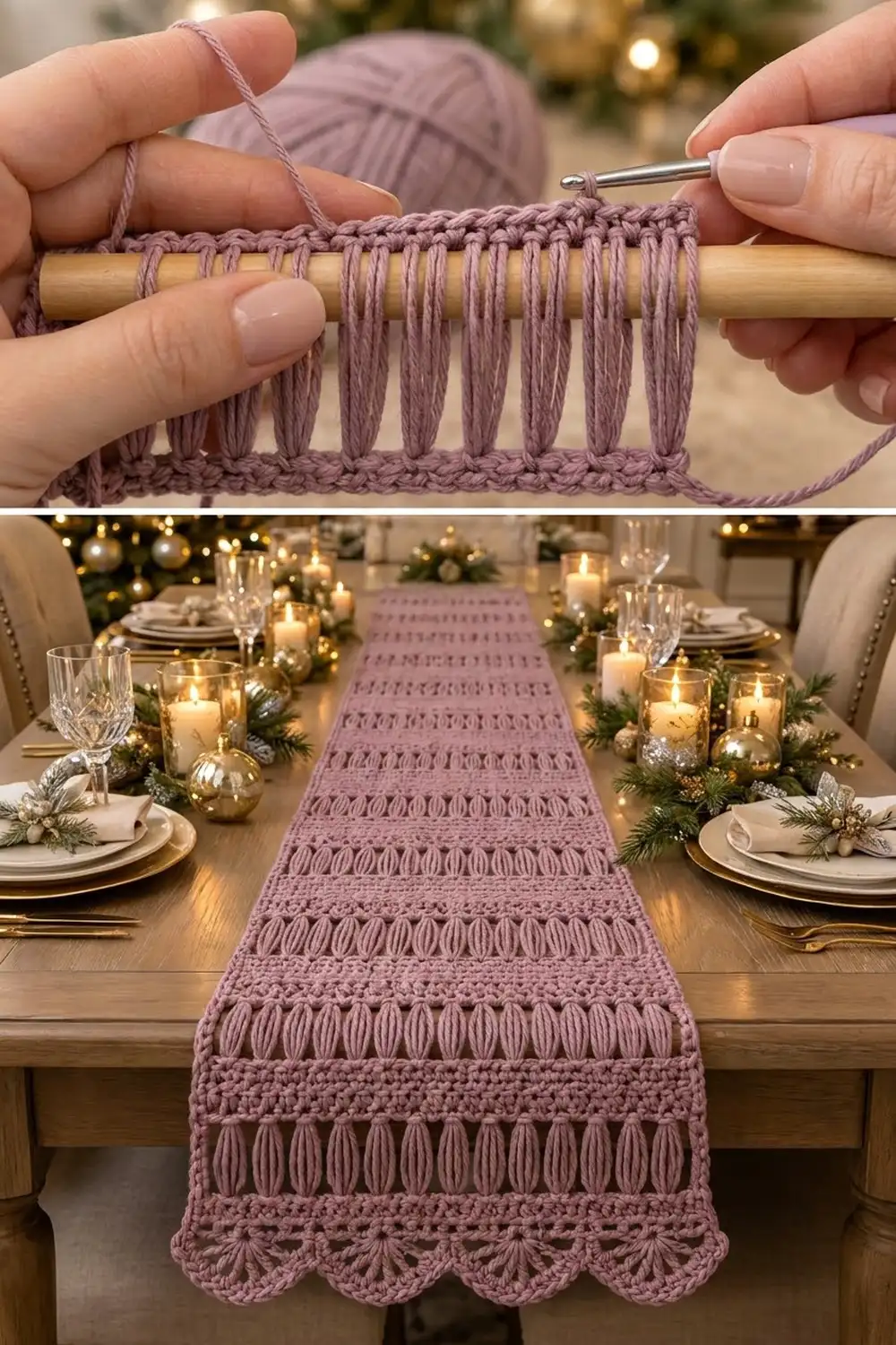 A mauve crocheted table runner with cable knit pattern displayed on a holiday dining table with candles and place settings.