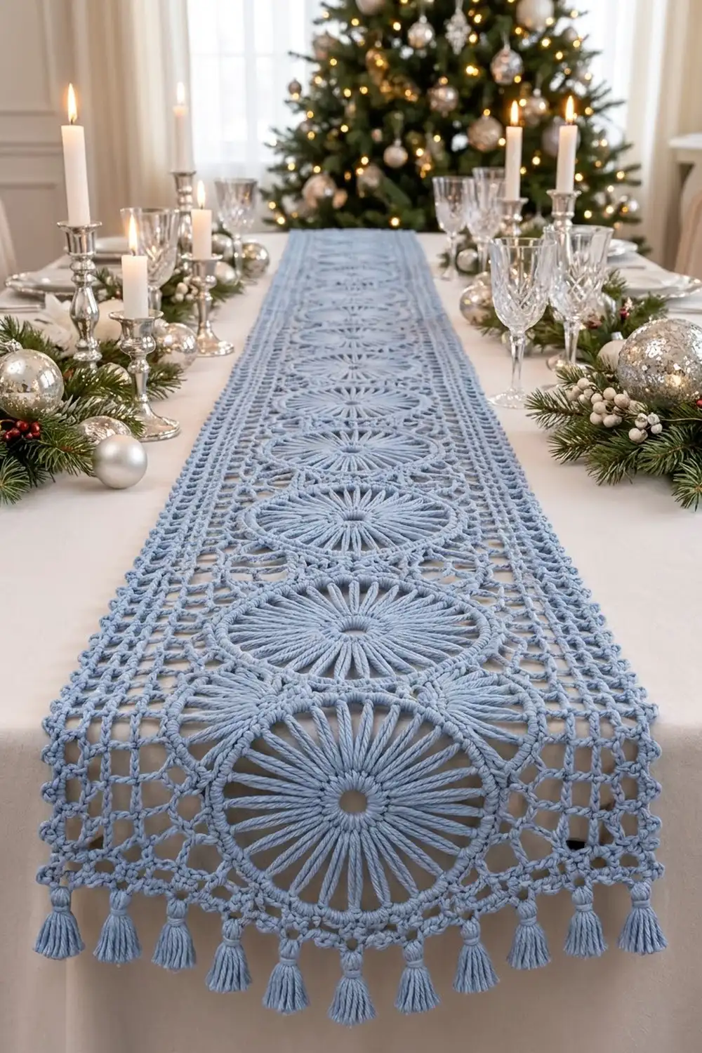 A light blue macramé table runner with tassel trim displayed on a white dining table set for Christmas dinner.