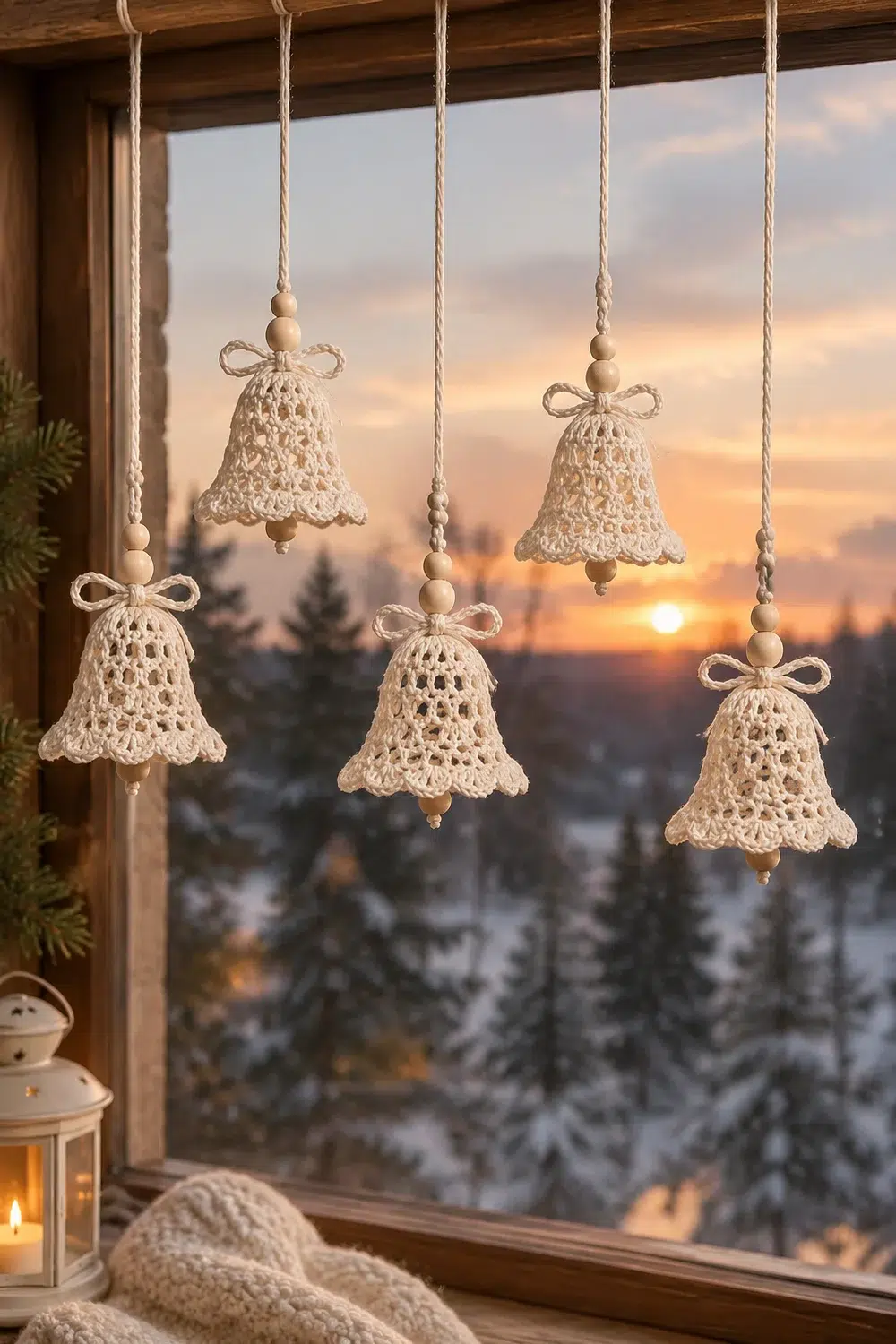 Crocheted cream bell ornaments with wooden beads hang in a window overlooking a snowy winter landscape at sunset.