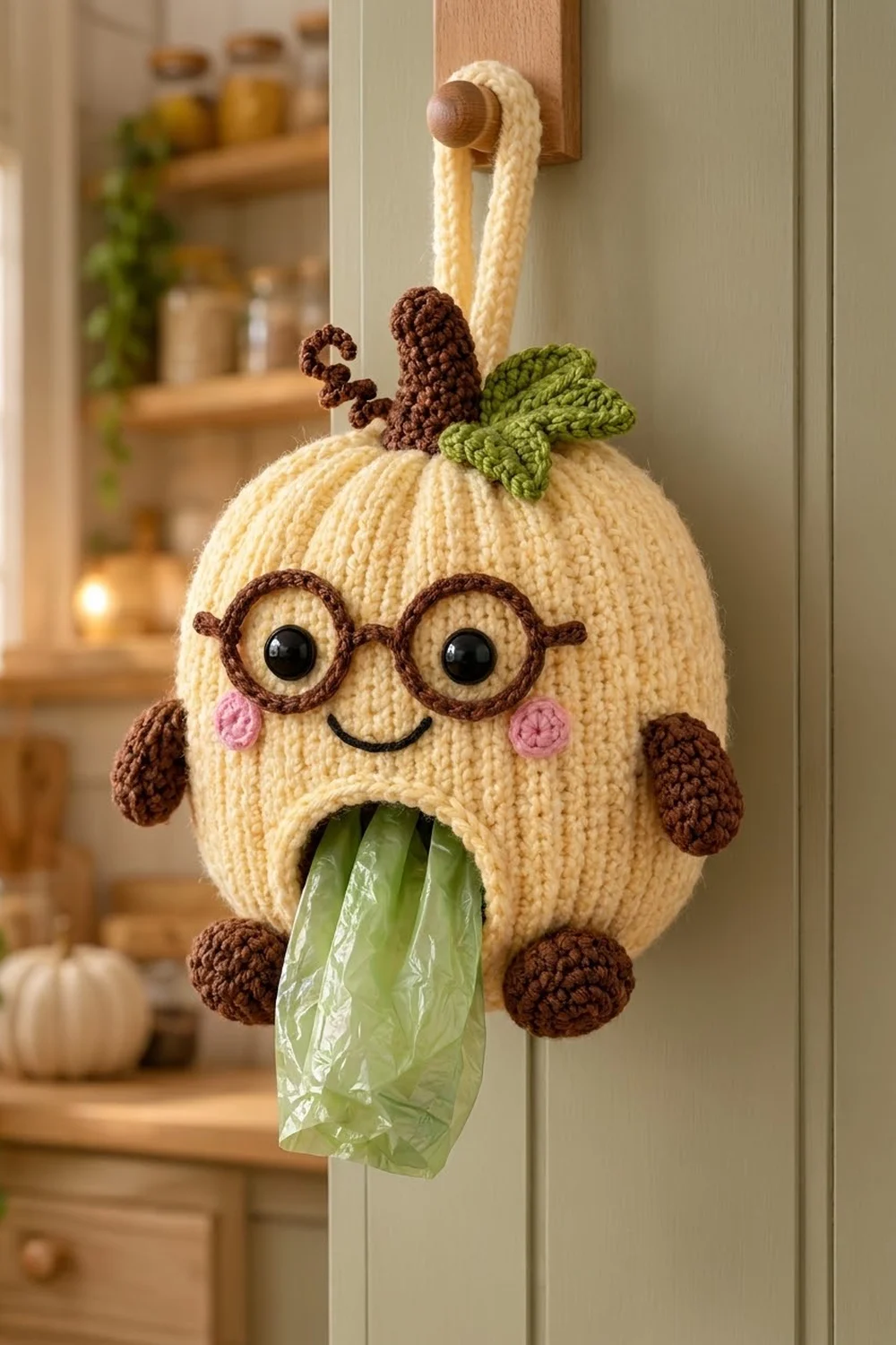 A crocheted owl-shaped plastic bag holder hanging on a kitchen cabinet door with a green bag inside.