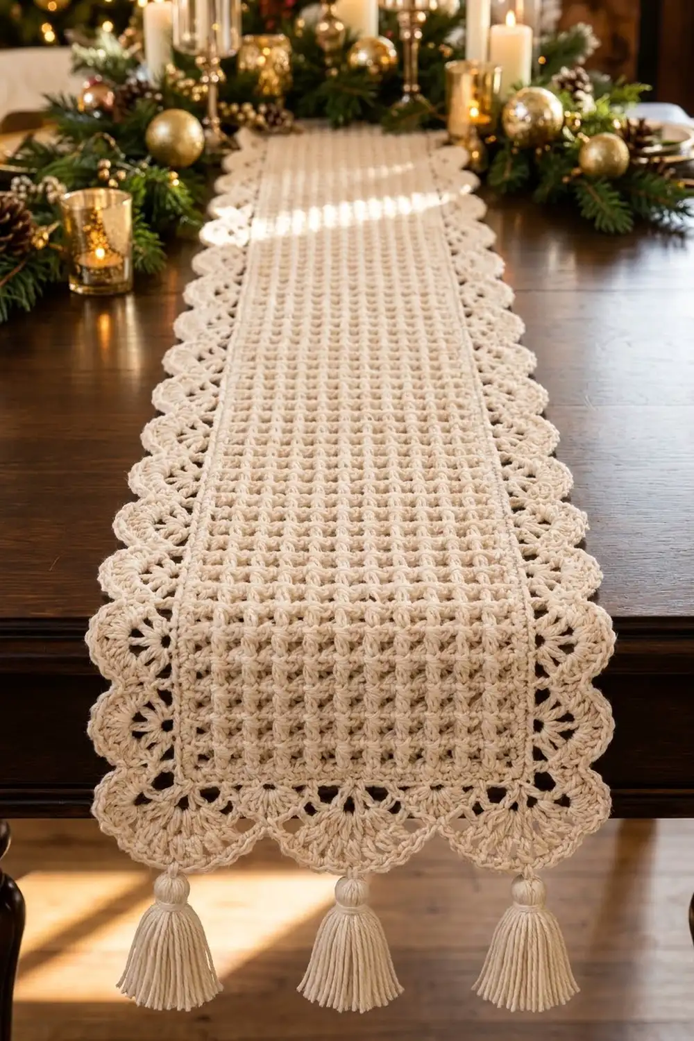 A cream crocheted table runner with lace edges and tassels displayed on a dark wood dining table with holiday decorations.