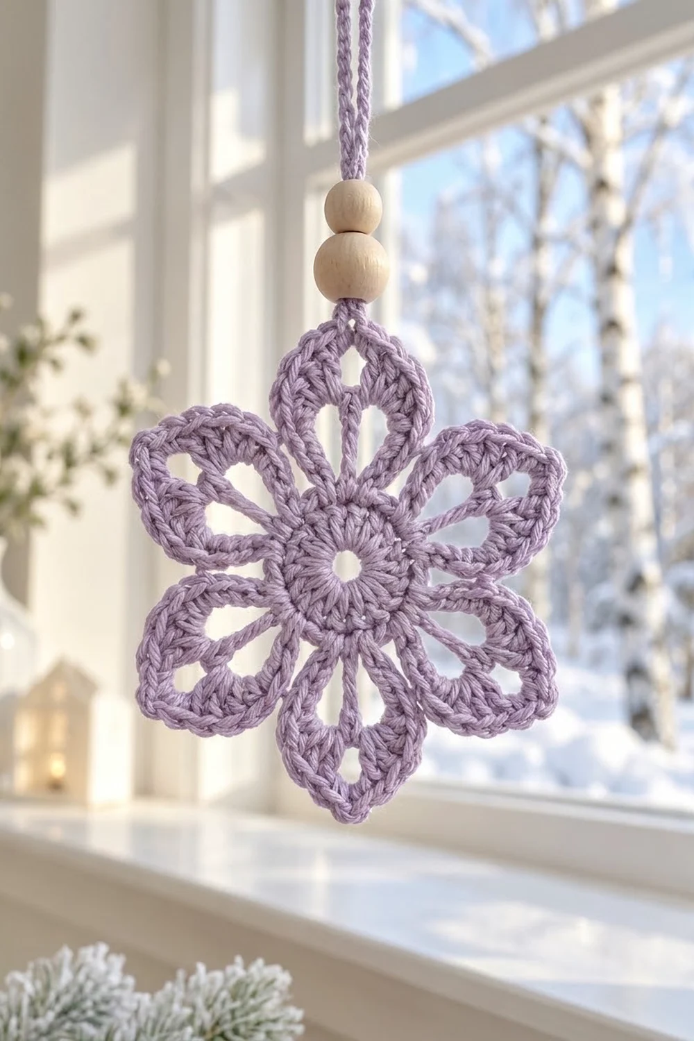 A purple crocheted snowflake ornament with wooden beads hangs in a sunlit window with a winter landscape backdrop.