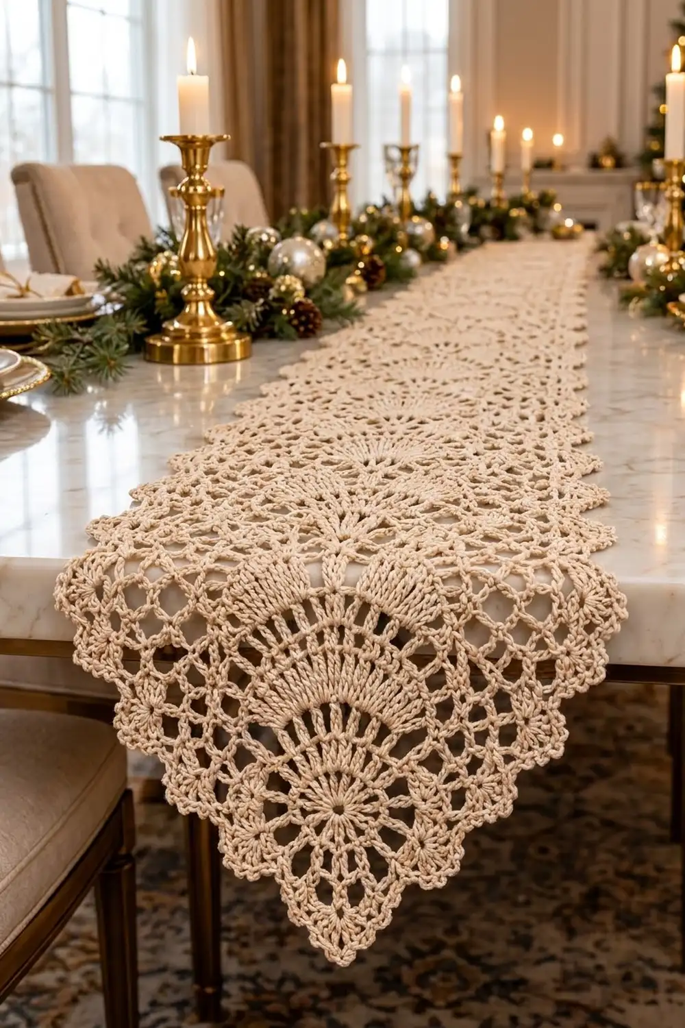 A cream crochet lace table runner with scalloped edges displayed on a dining table with candelabras and holiday greenery.