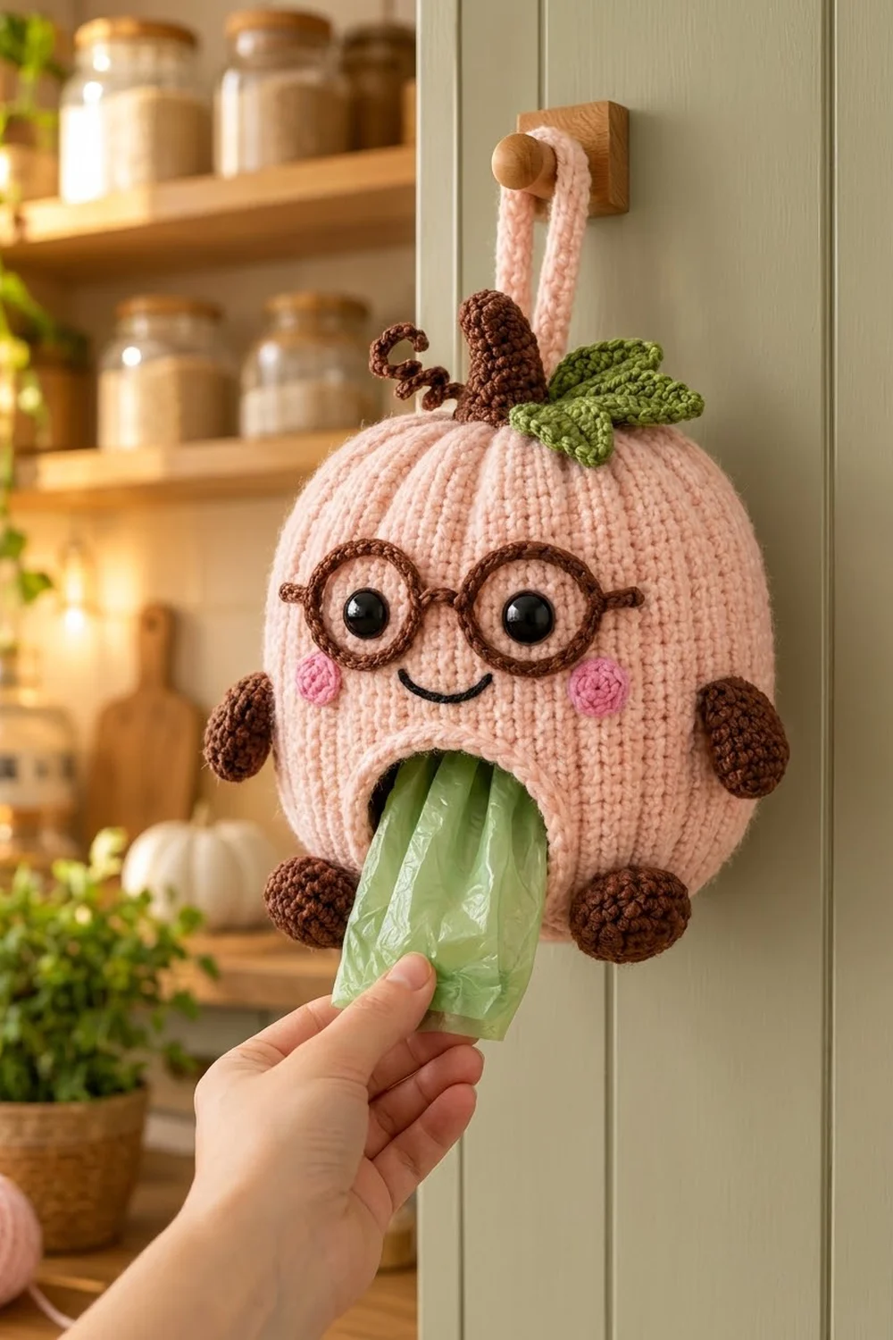 A crocheted pear-shaped dispenser with glasses and smile dispensing green plastic bags in a kitchen.
