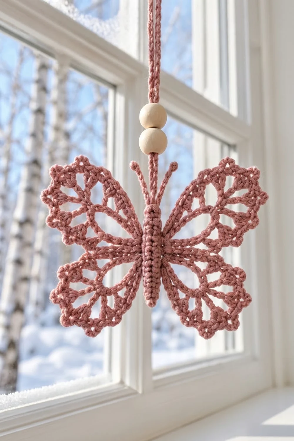 A dusty rose crocheted snowflake ornament with wooden beads hangs from a window in winter sunlight.