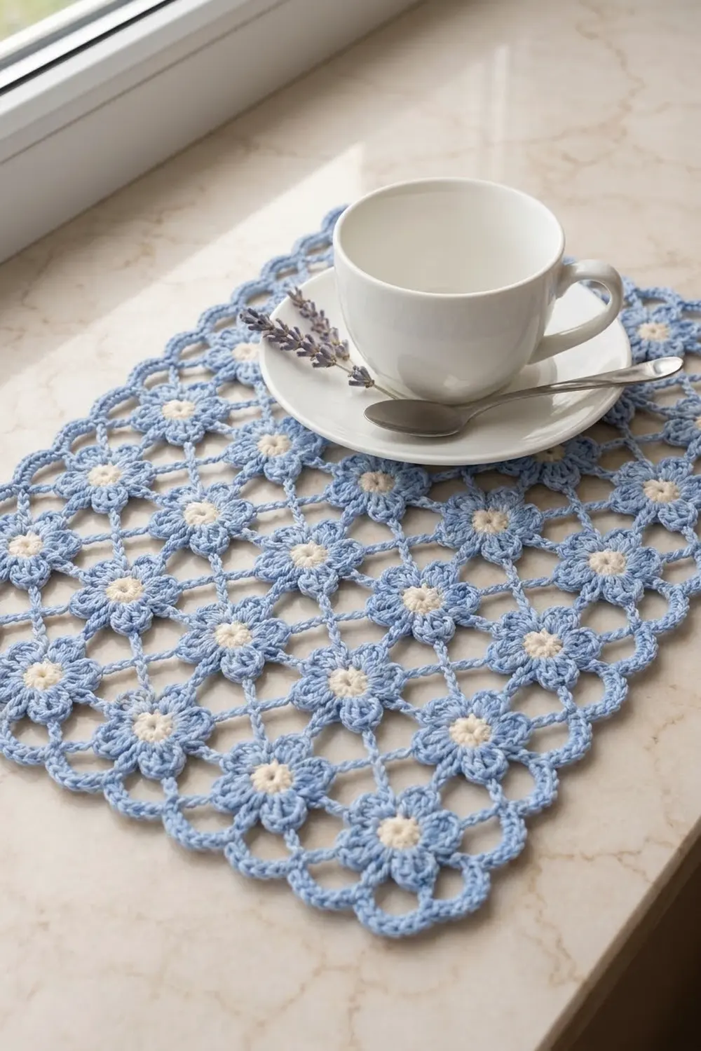A white teacup with saucer and spoon sits on a crocheted blue and cream doily on a marble windowsill.