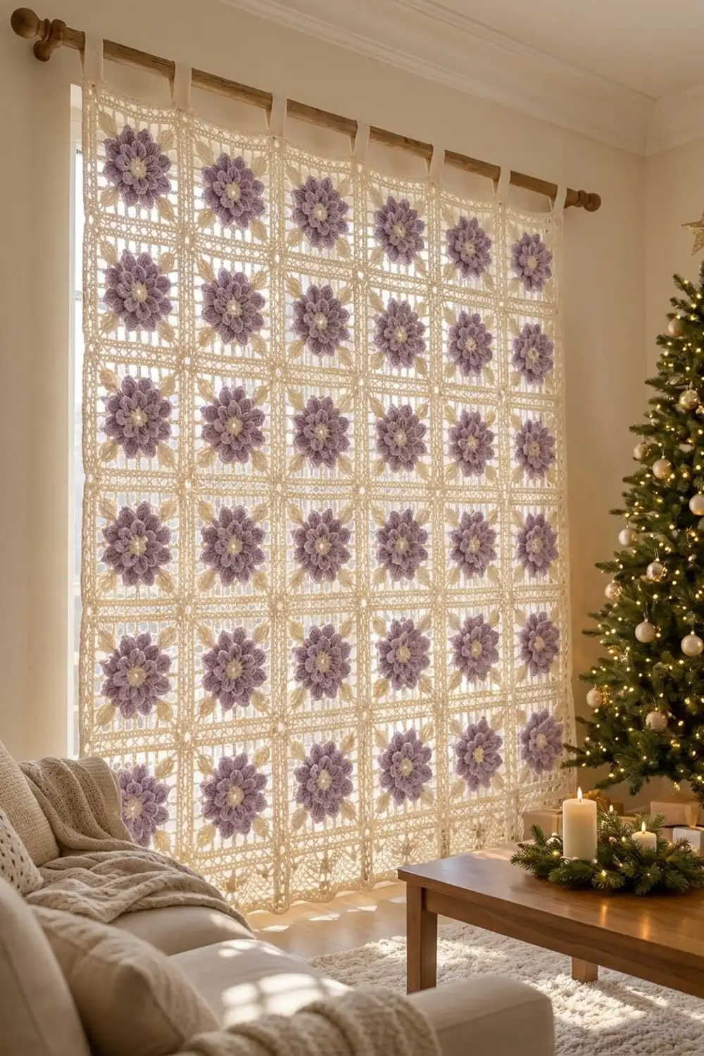 A cream crochet curtain with purple flower motifs hangs before a sunlit window in a holiday-decorated living room.