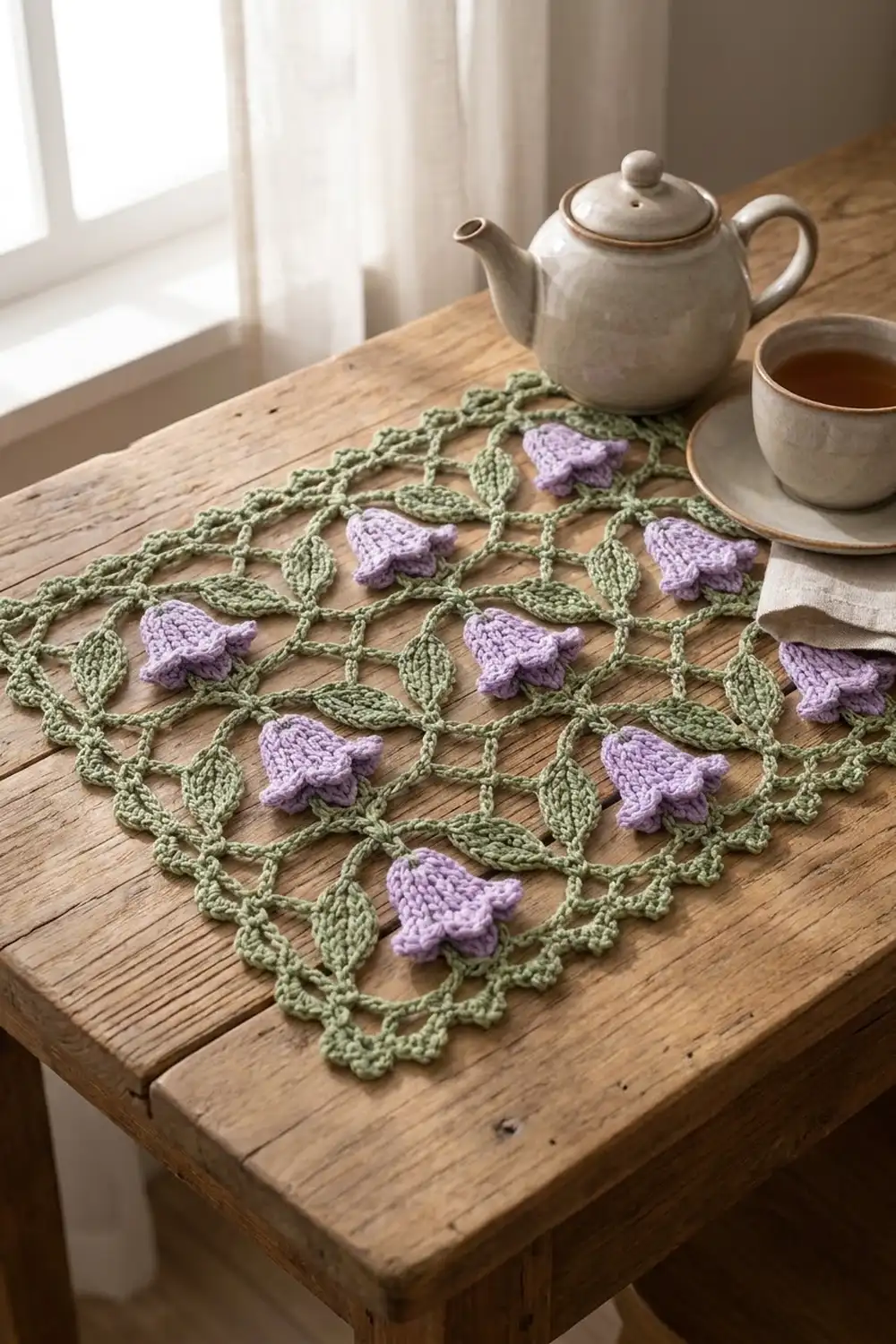 A crocheted table runner with purple flowers and green leaves sits on a wooden table beside a teapot and cup.