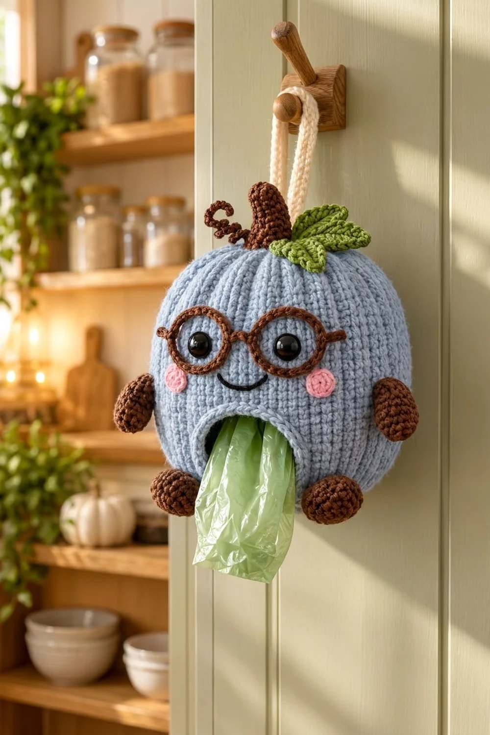 A crocheted owl-shaped plastic bag holder with blue body, brown features, and glasses hangs on a kitchen cabinet door.