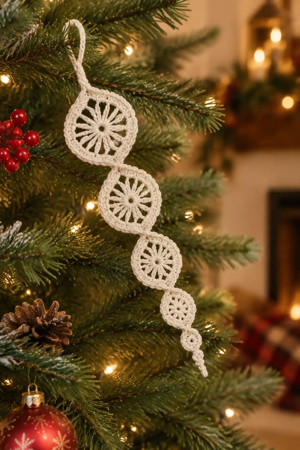 A crocheted cream lemon slice ornament hangs on an evergreen Christmas tree with warm lights and red berries.