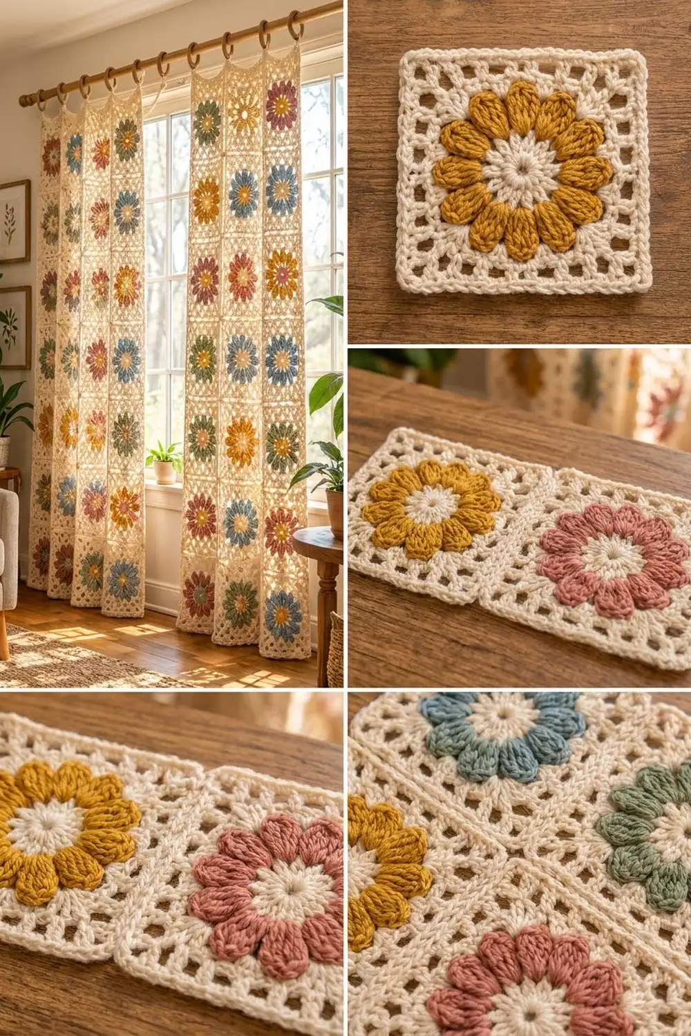 Crocheted floral curtains with colorful daisy squares hung on a wooden rod in a sunlit room with plants.