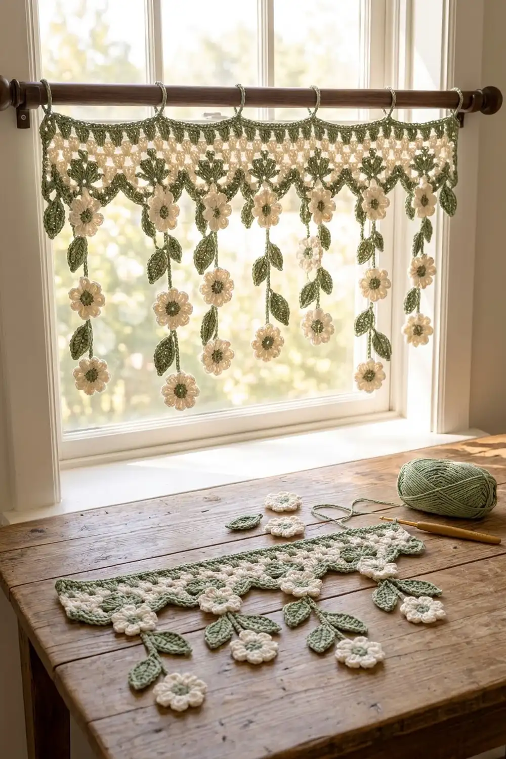 Crocheted window valance with cream flowers and green leaves hanging in sunlit window above wooden table with matching in-progress project.