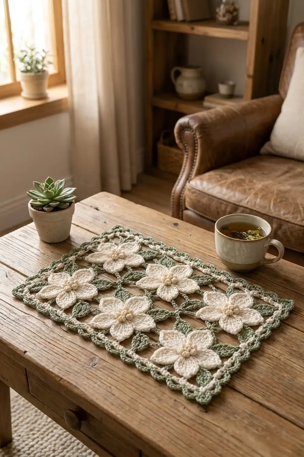A crocheted floral doily with white flowers and green leaves displayed on a wooden table beside tea and a succulent plant.