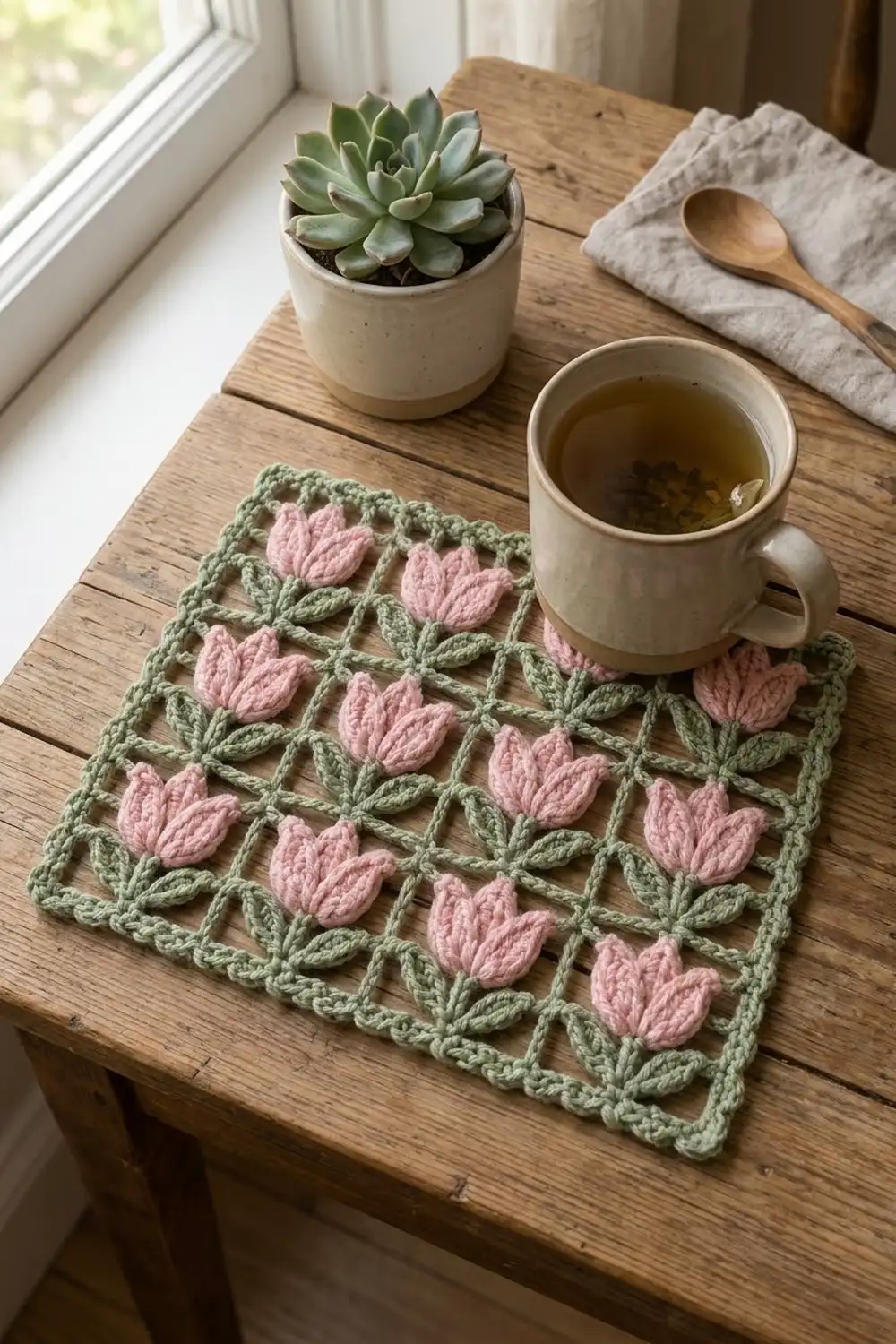 A crocheted green and pink tulip placemat styled on a wooden table with tea and succulent plant.