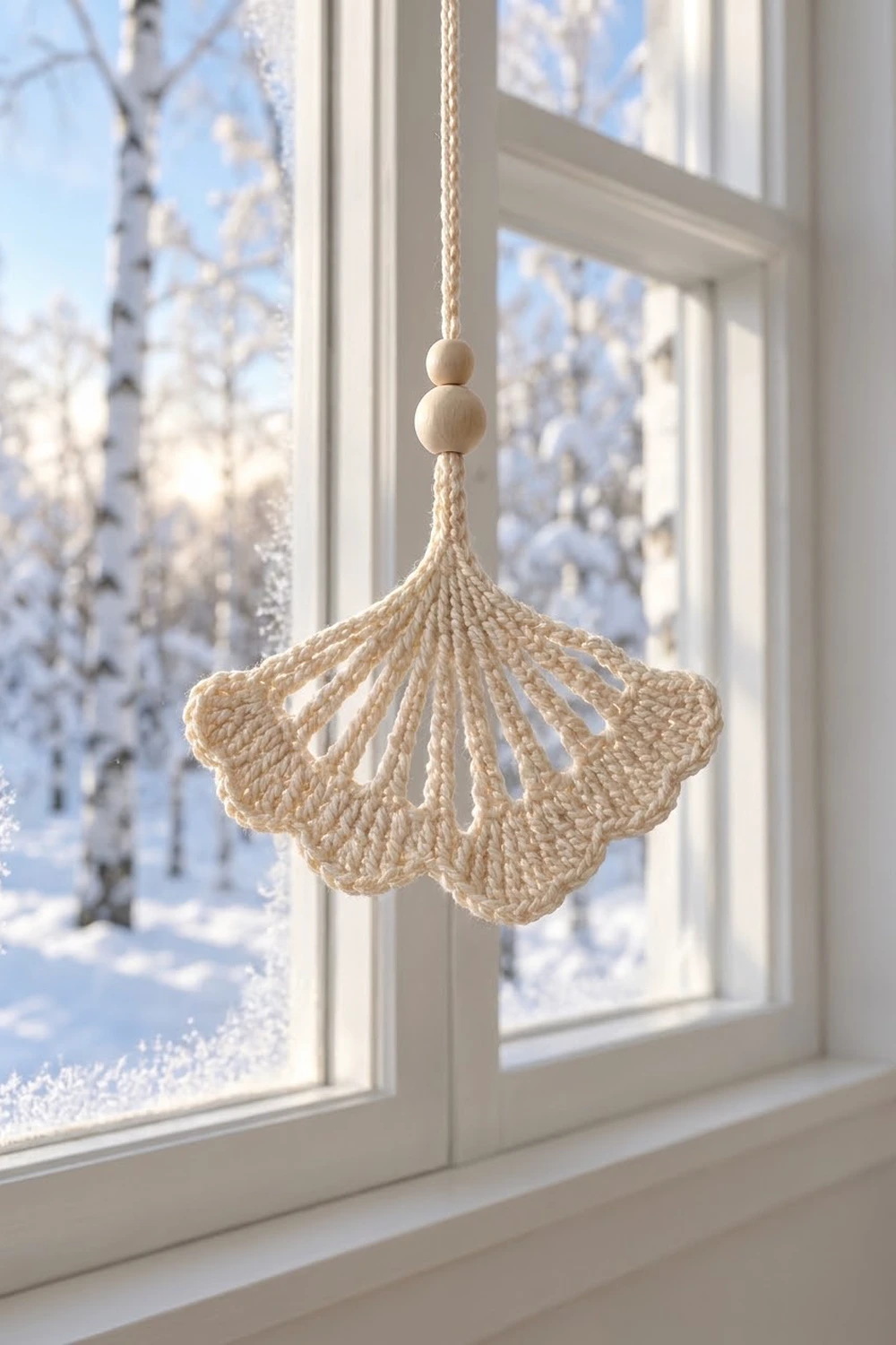 A cream-colored crocheted ginkgo leaf ornament hangs in a snowy window with frost-covered birch trees visible outside.