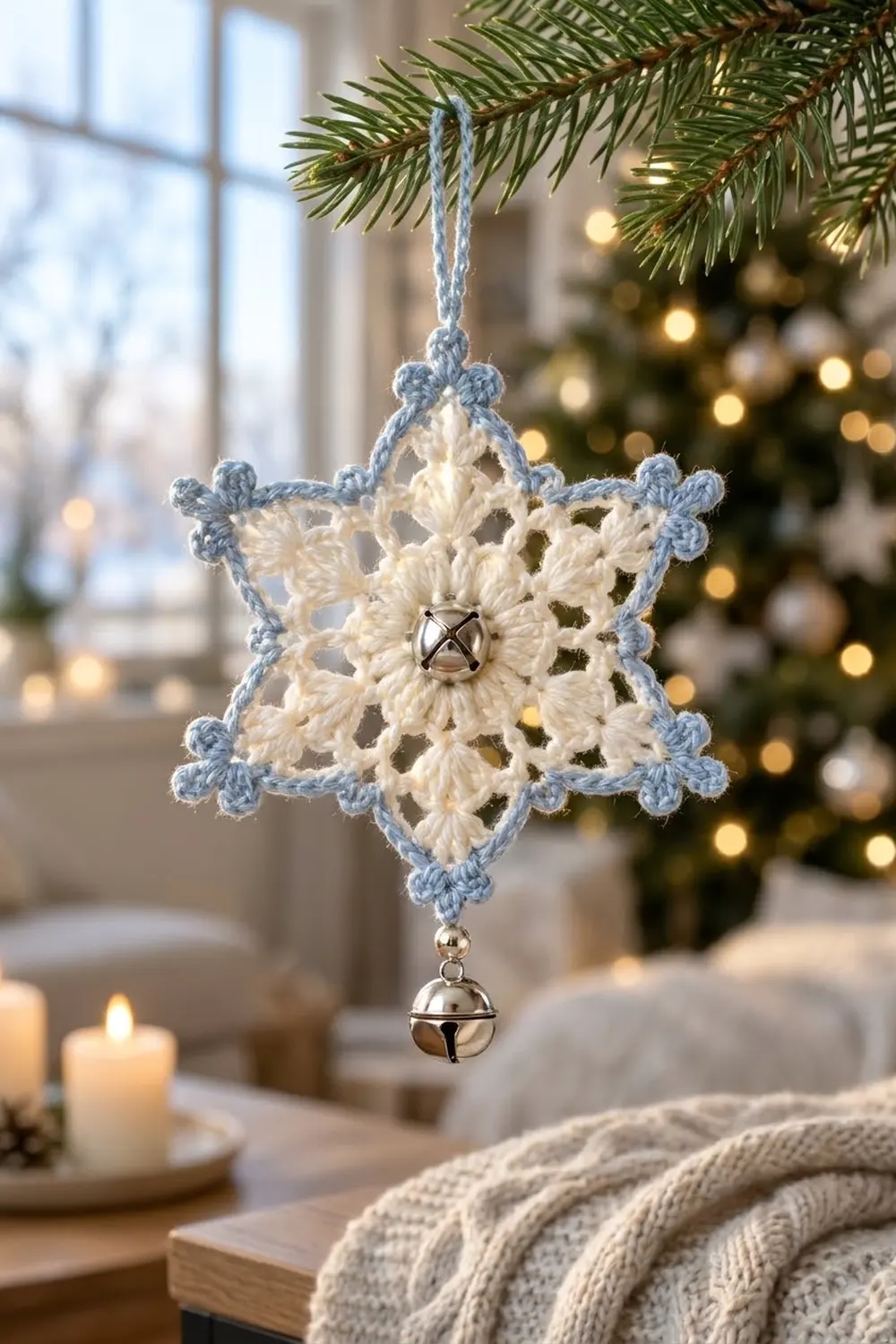 A crocheted snowflake ornament with blue and cream yarn hangs from an evergreen branch in a cozy holiday-decorated room.
