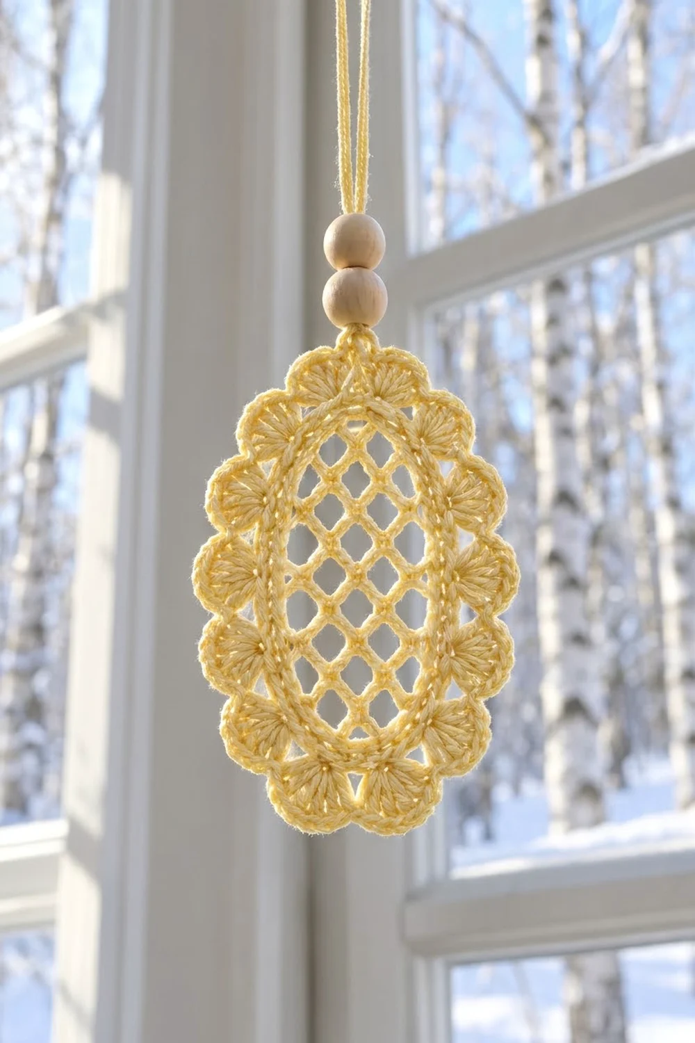 A delicate golden crocheted ornament with shell edging hangs from a yellow ribbon in a bright winter window.