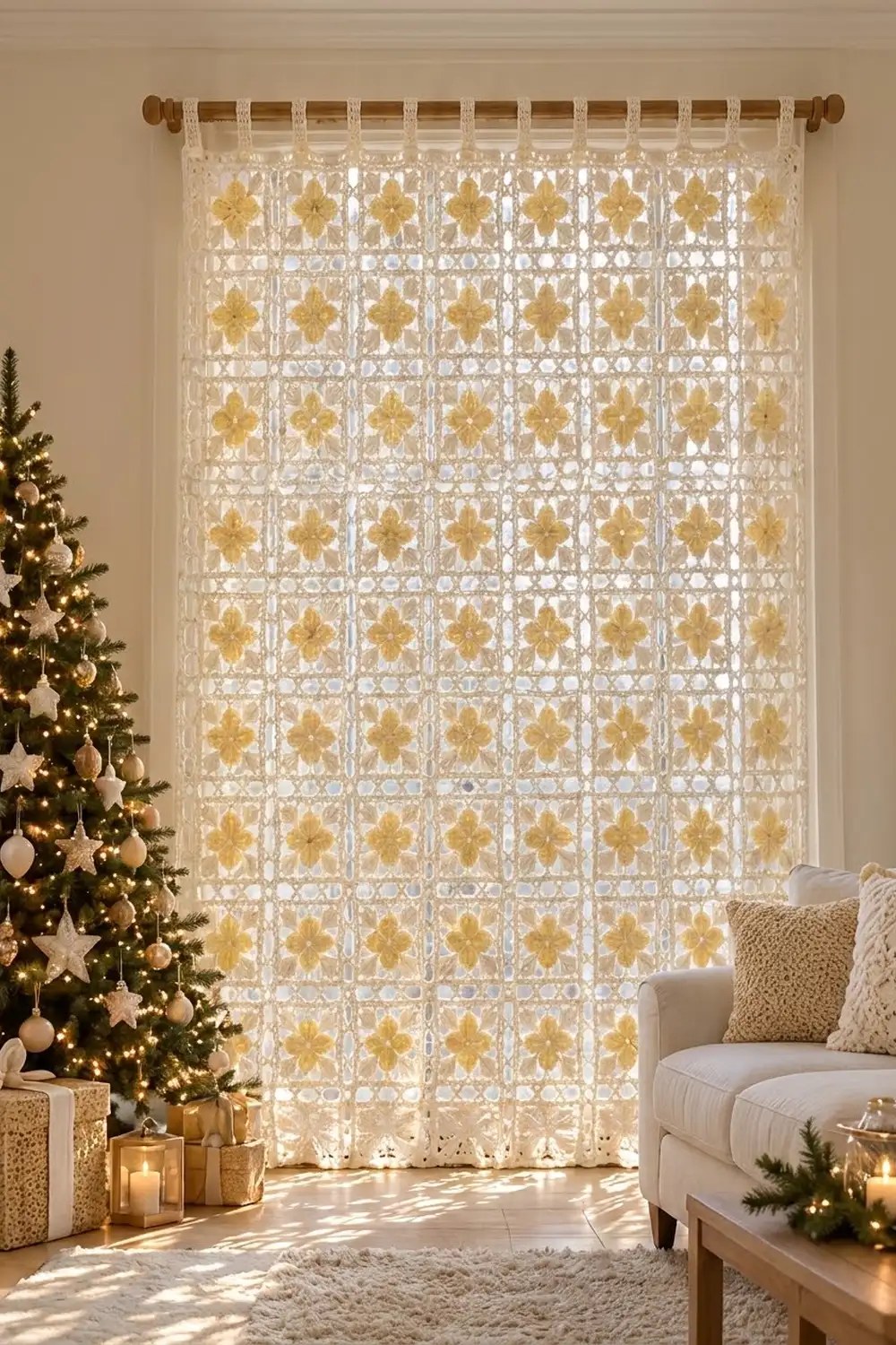 Cream and gold geometric lace curtains hang in a festively decorated living room with Christmas tree and ornaments.