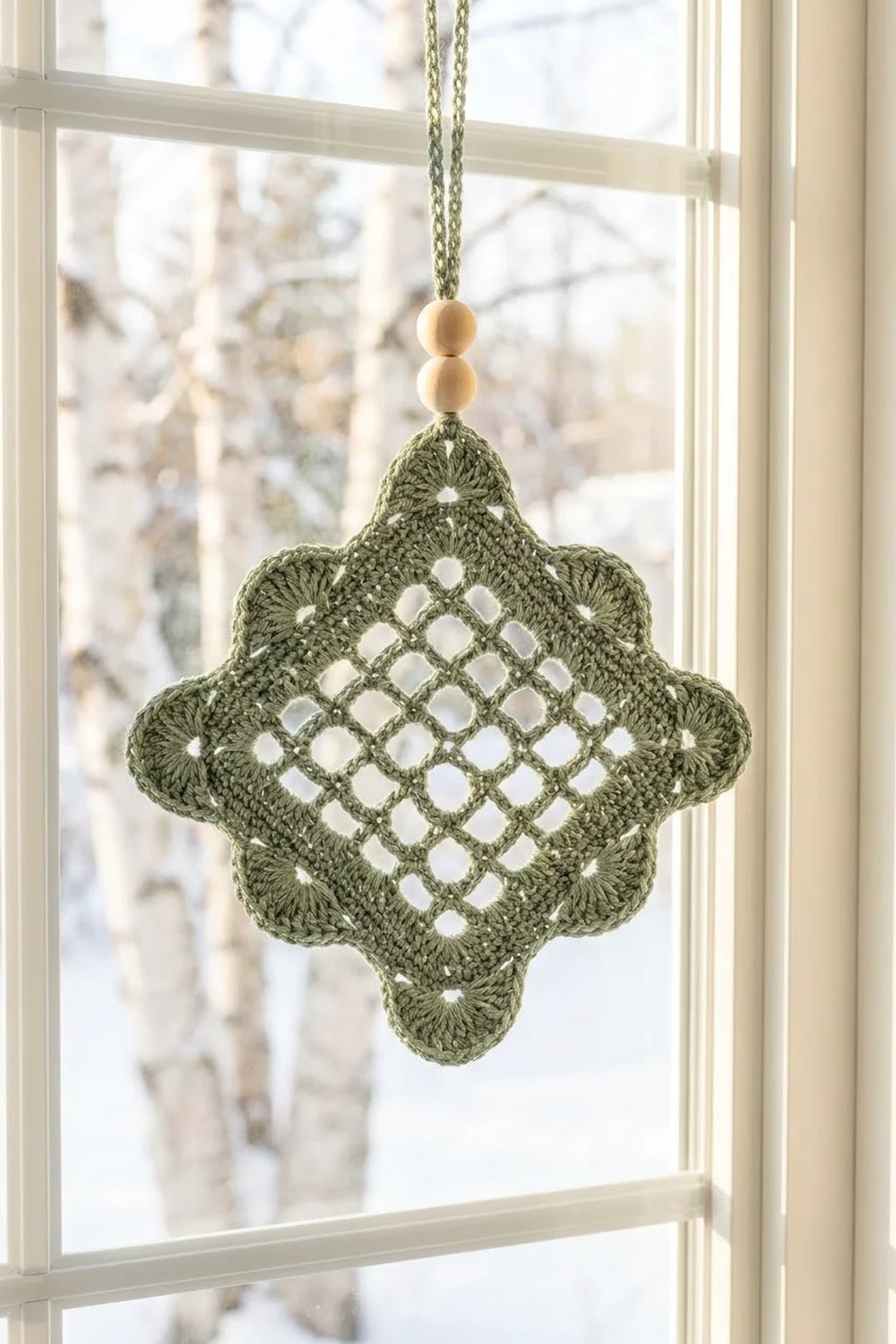 A sage green crocheted star ornament with wooden beads hangs in a snowy window.
