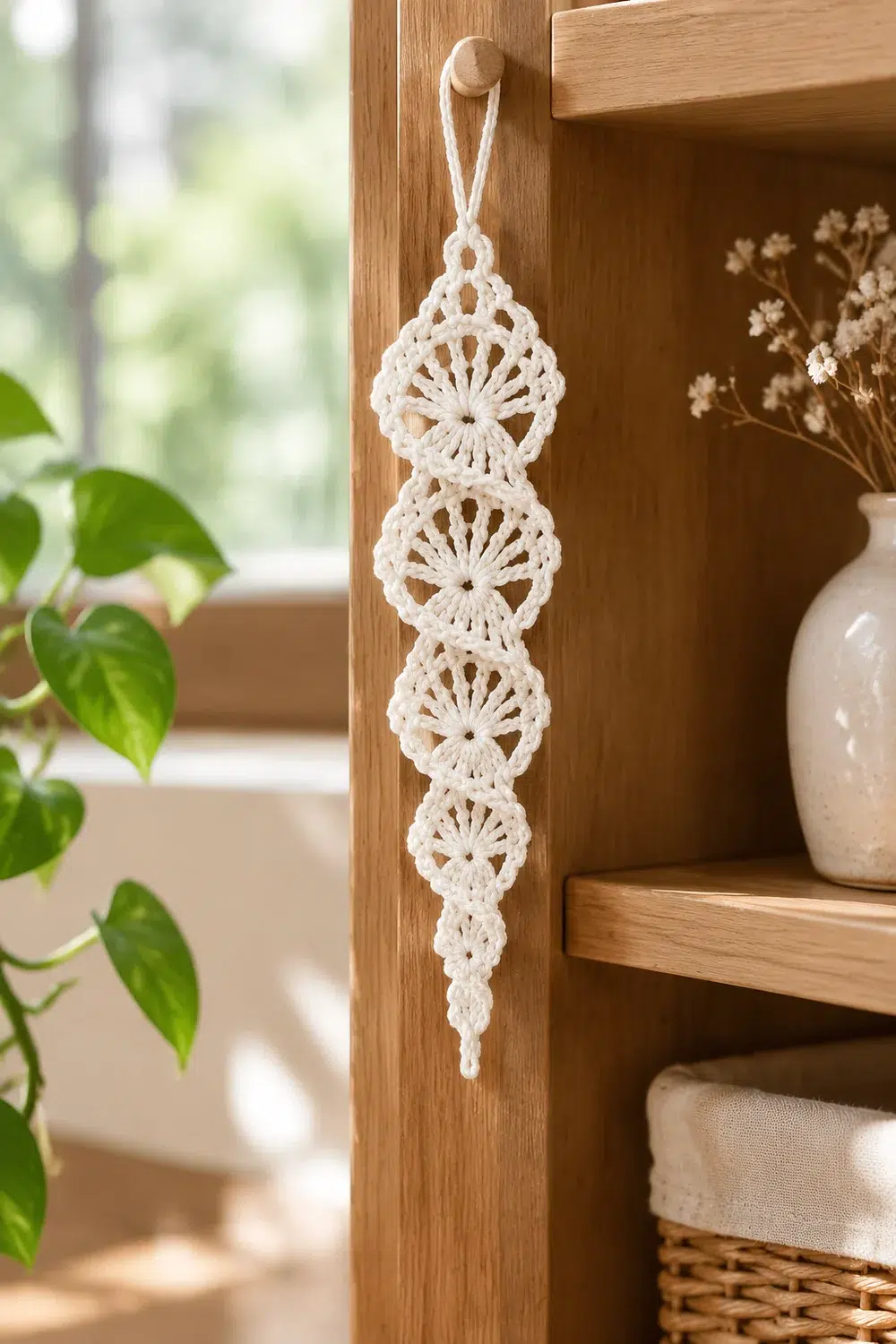 A white crocheted diamond-shaped ornament hangs from a wooden shelf beside potted flowers and green plants.