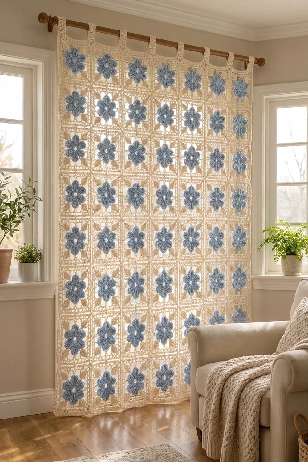 A beige crocheted curtain with blue flower motifs hangs from a wooden rod in a bright, plant-filled living room.