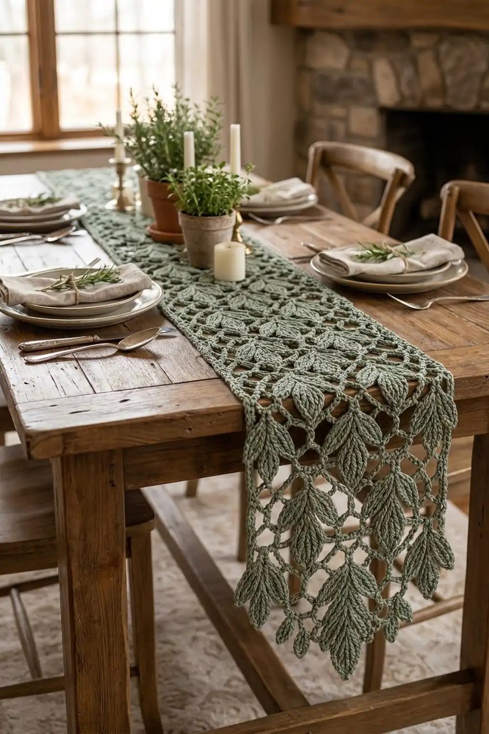 A sage green crocheted table runner with leaf fringe draped over a wooden dining table set for dinner.