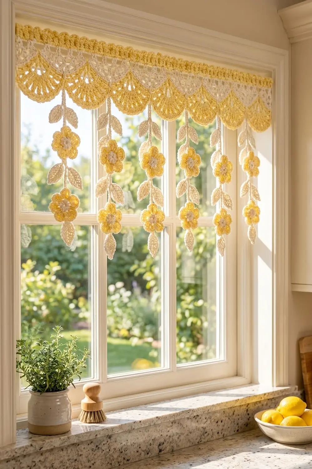A crocheted yellow and cream window valance with hanging flower garlands decorates a bright kitchen window overlooking a garden.