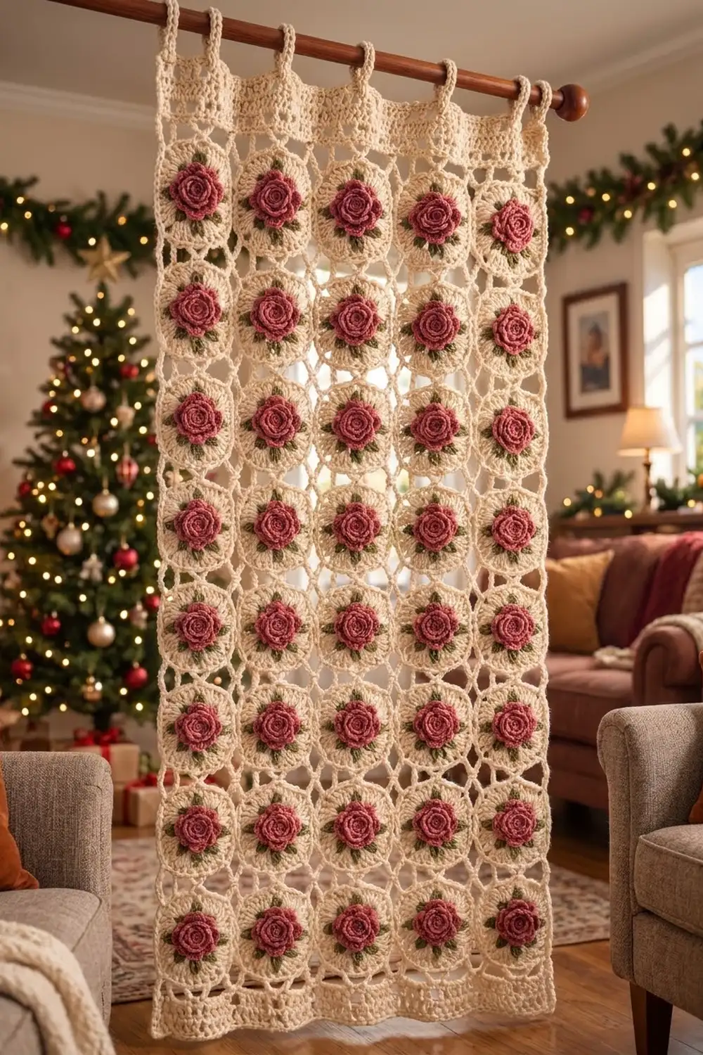 A cream crochet curtain with burgundy roses hangs in a festively decorated living room during Christmas.