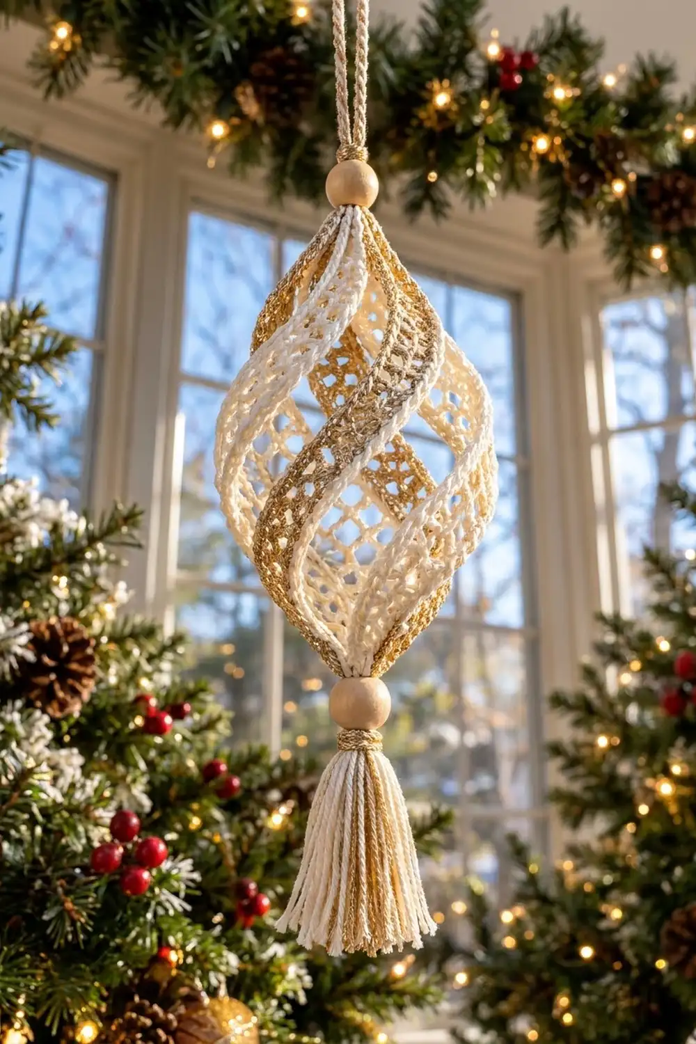A cream and gold crocheted teardrop ornament with tassel hangs among evergreen garland and twinkling lights.