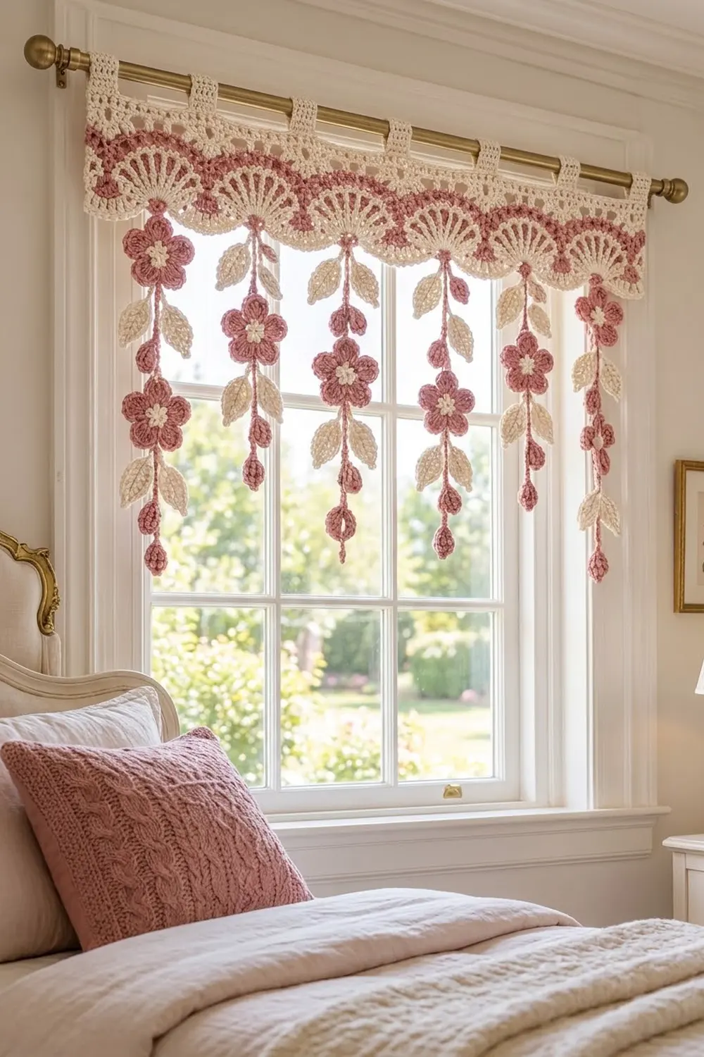 A crocheted window valance with pink flowers and cream leaves hangs above a bedroom window with brass rod.