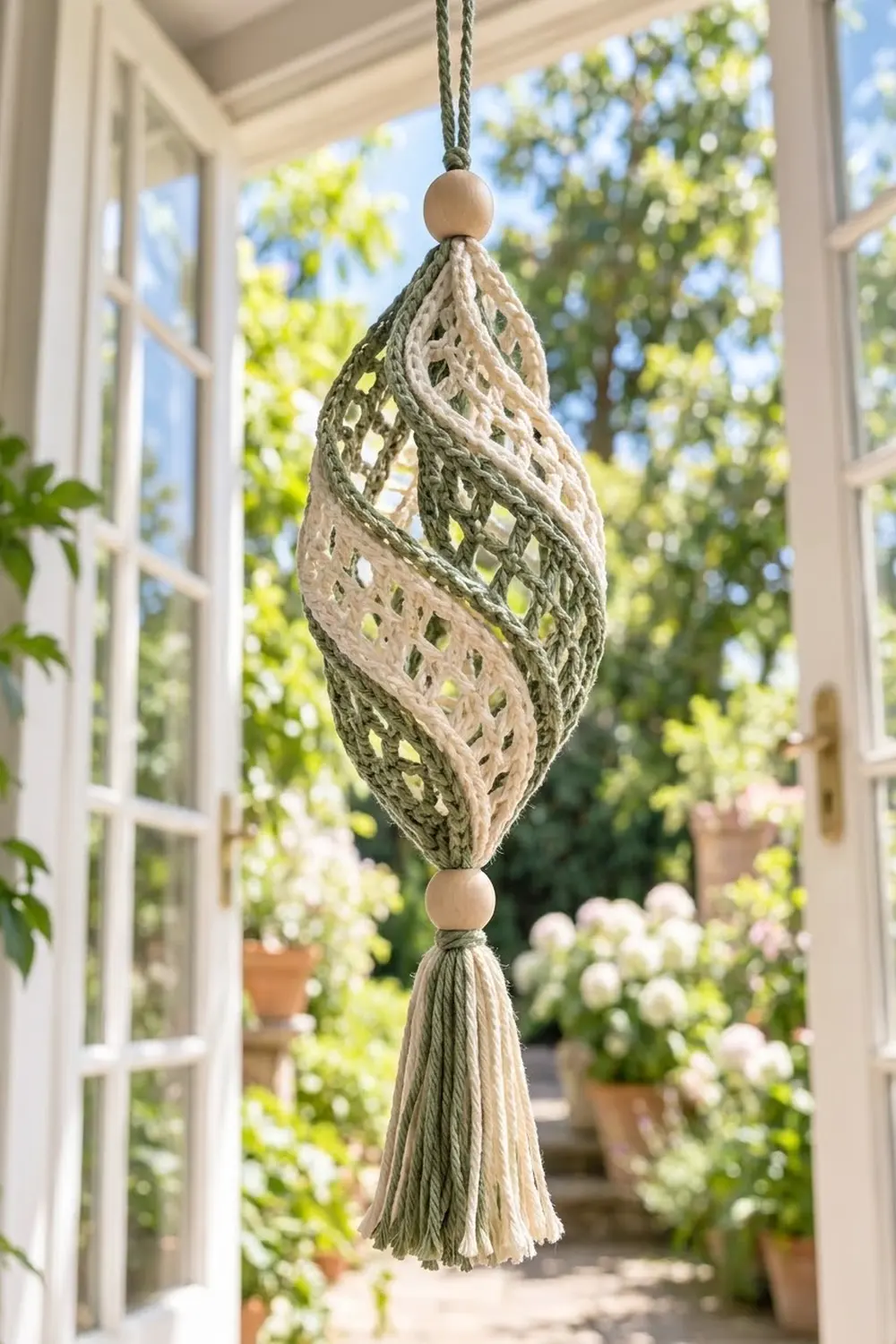 A woven macramé ornament in cream and sage green hangs in a sunlit doorway overlooking a garden.