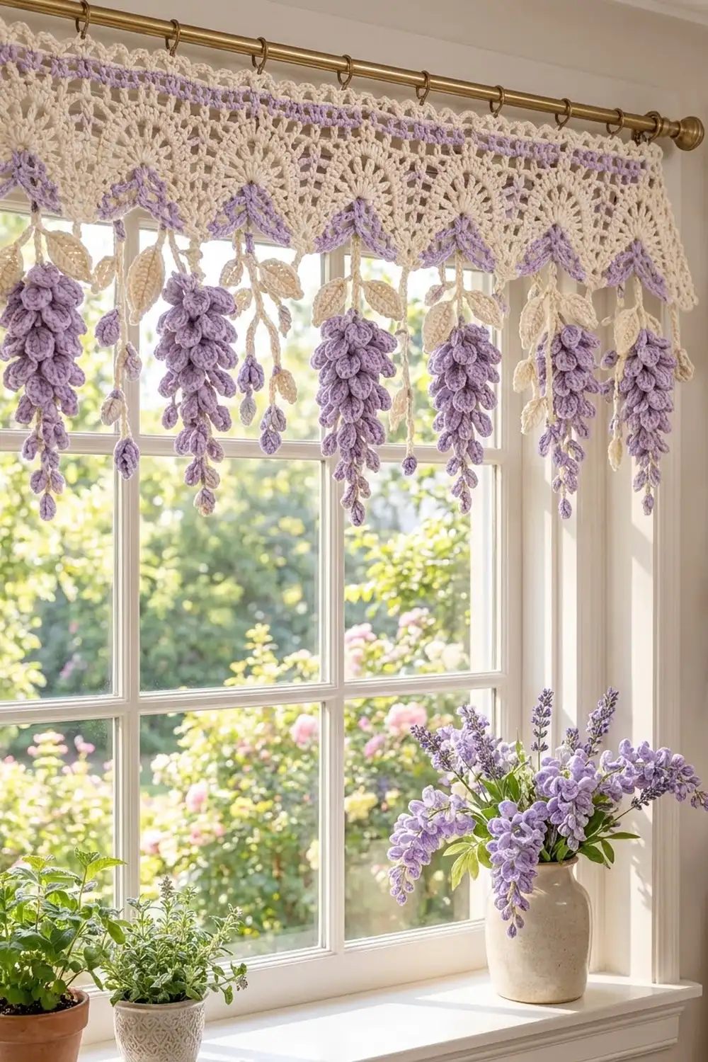 A crocheted window valance with cream and purple wisteria flower motifs hangs above a sunny garden window.