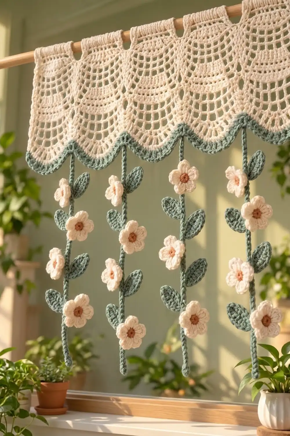 A crocheted window valance with cream lace and green flower garlands hanging in a sunny window with potted plants.
