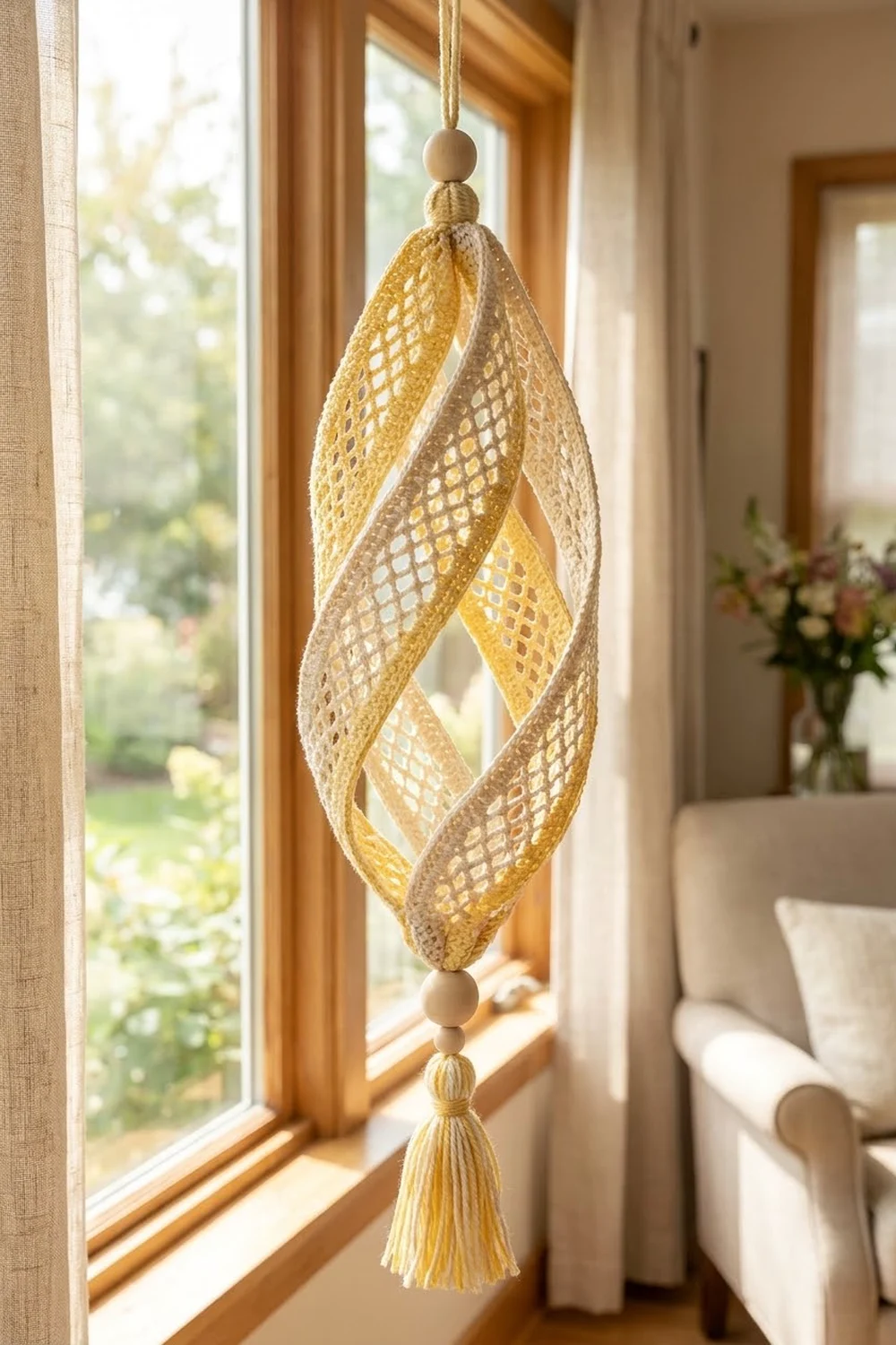 A cream and yellow mesh ornament hangs in a sunlit window above a beige armchair in a bright, elegant room.
