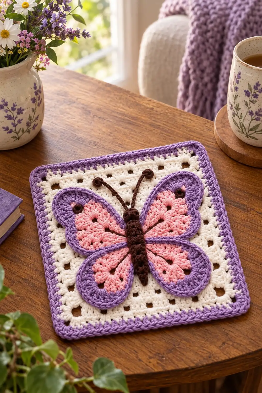A crocheted butterfly coaster in purple and pink sits on a wooden table beside flowers and tea.