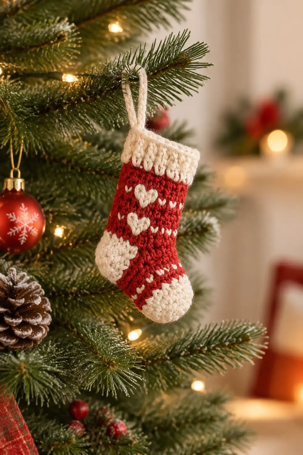 A red and cream crocheted stocking ornament with heart patterns hanging from an evergreen Christmas tree branch.
