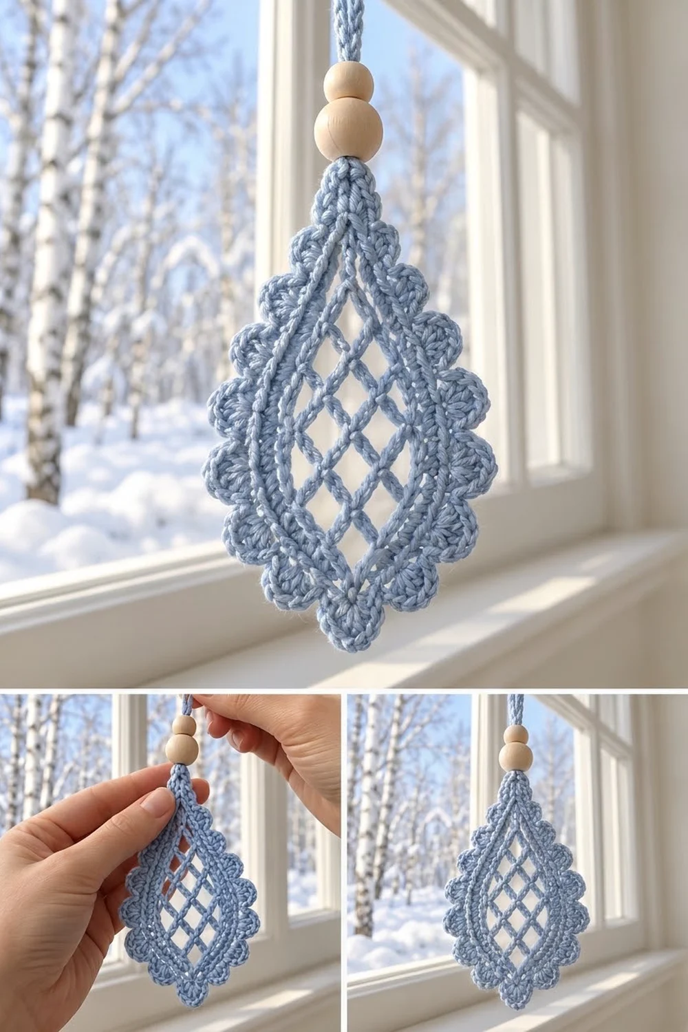 A blue crocheted diamond ornament with wooden beads hanging in a snowy winter window.