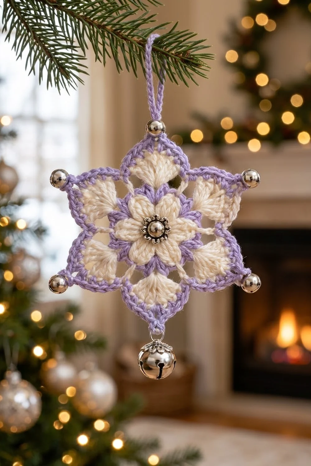 A crocheted purple and cream snowflake ornament with silver bells hangs from an evergreen branch against a blurred holiday backdrop.
