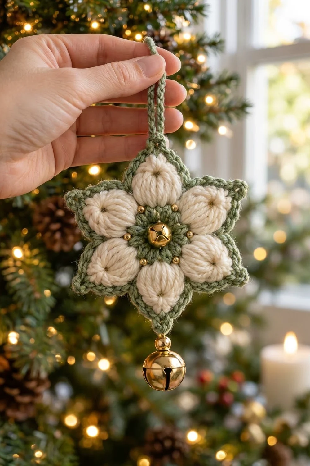 Hand holding crocheted mistletoe ornament with cream petals, sage green leaves, and gold bells against decorated Christmas tree.