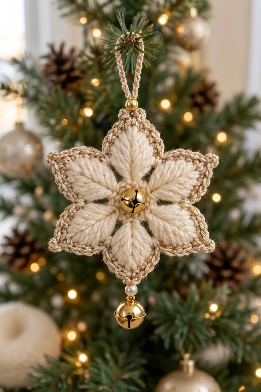 A cream-colored crocheted star ornament with gold bells hangs from an evergreen wreath decorated with lights.