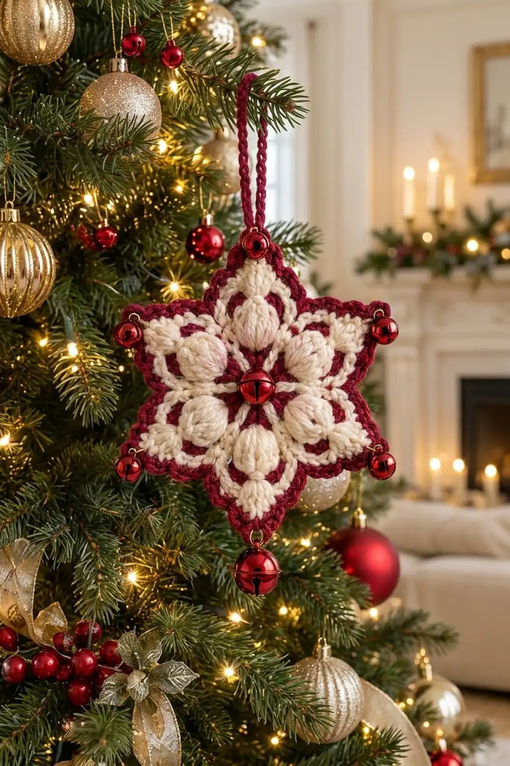 A burgundy and cream crocheted snowflake ornament with jingle bells hangs on a decorated Christmas tree.