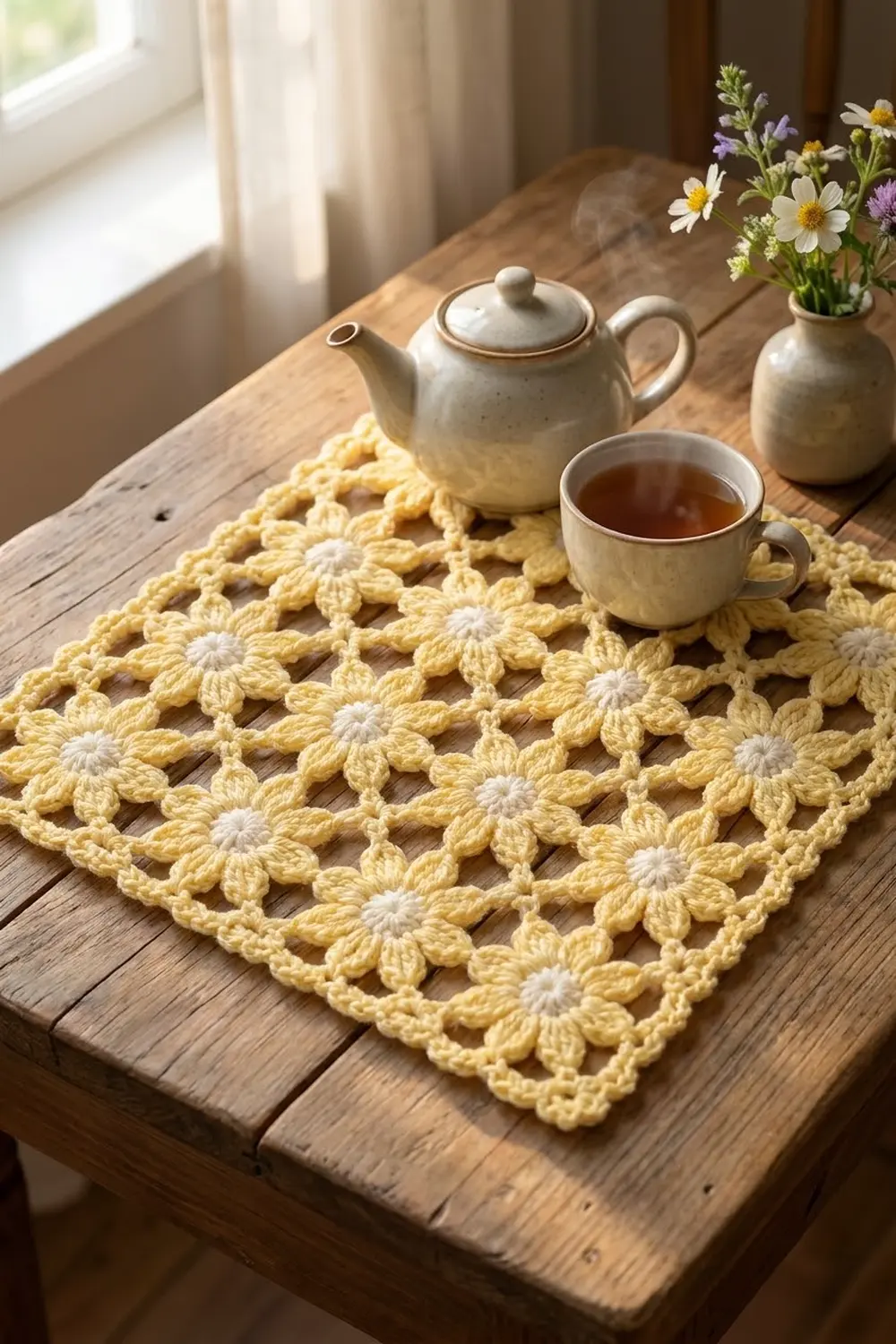 A yellow crochet doily with white flower motifs on a wooden table with tea service and fresh flowers.