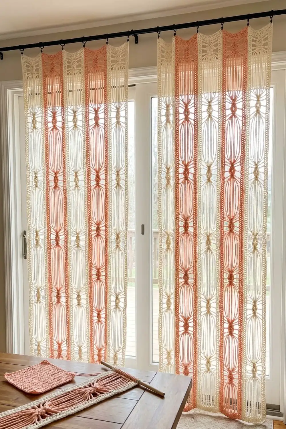 Macramé curtains with coral and cream striped pattern hanging from black rod over glass doors in bright room.
