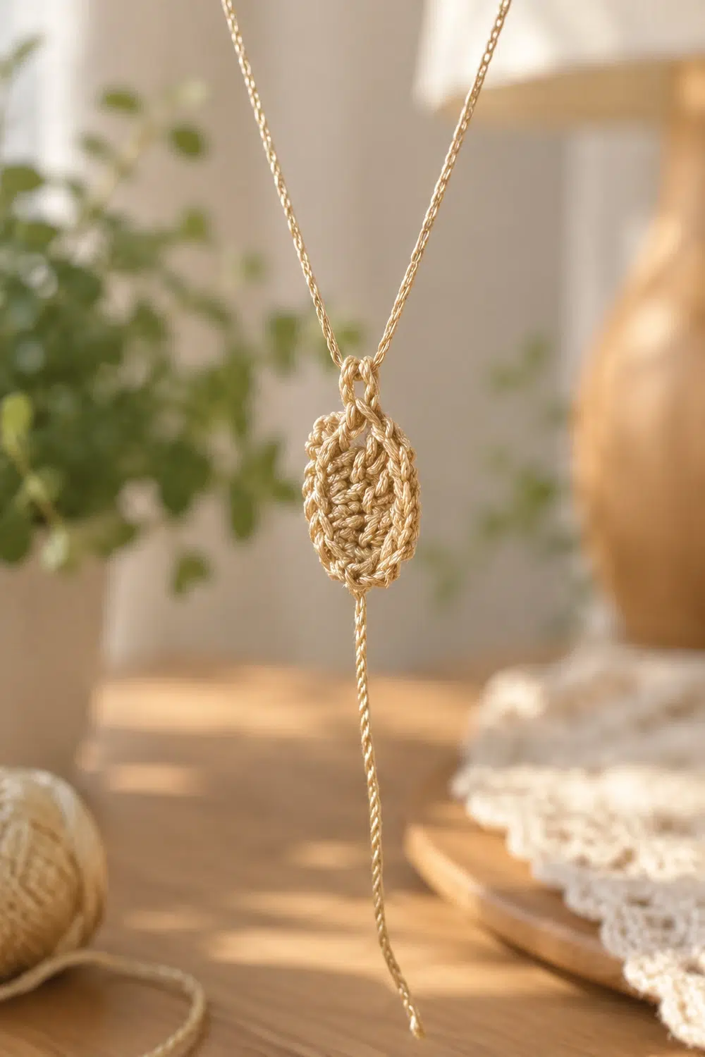 A gold chain necklace with a woven pendant hangs above a wooden surface styled with plants and craft materials.